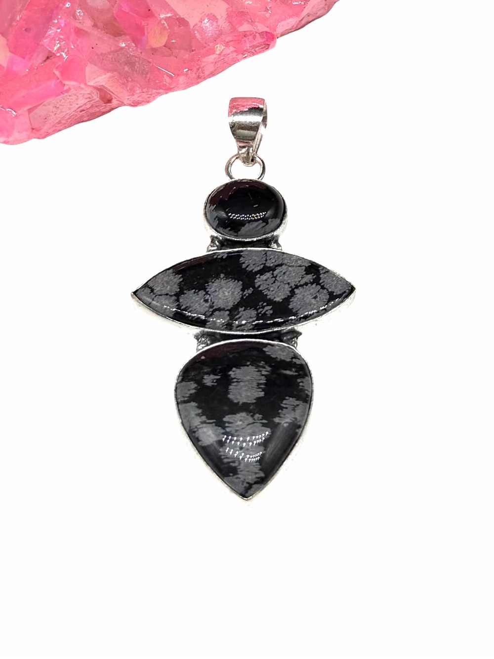 Black Snowflake Obsidian Necklace Pendant 925 Sterling Silver Overlay